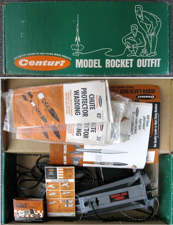 Centuri Centuri Model Rocket Outfit in Field Box - Servo Launcher / Engines / Chute Wadding / 1969 Centuri Rocketeer's Guide Book, SK100 plastic model kit